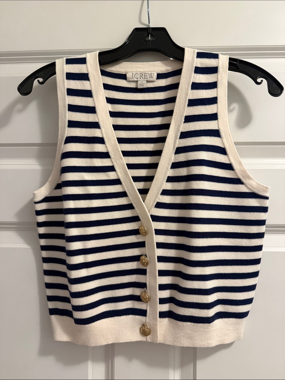 J. Crew Navy and Cream Striped V-Neck Button Sweater Vest